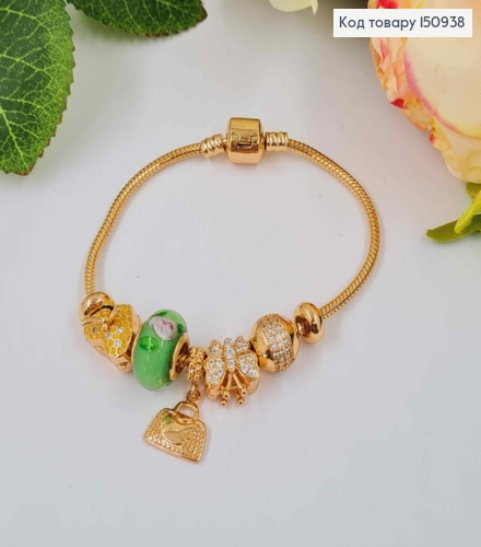 Браслет "Пандора" с зеленым шармиком с розами и розовой бабочкой, длиной 18см. Xuping 18К 150938 фото 1