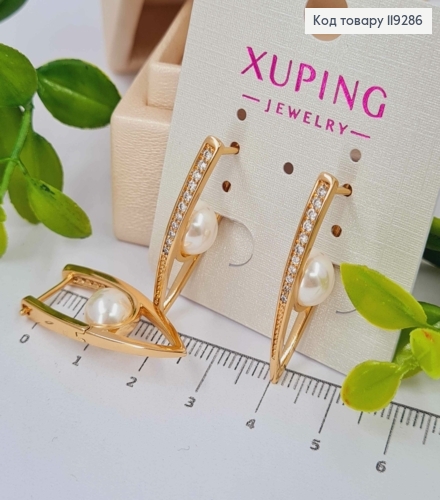 Серьги стрелы украшены камешками с жемчужиной внутри, 3,1см, английская застежка, Xuping 18К. 119286 фото 1