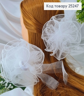 Резинка + завязки, Бант фатиновый с леской, круглый, белого цвета, 13,5см, Ручная работа, Украина 276045 фото