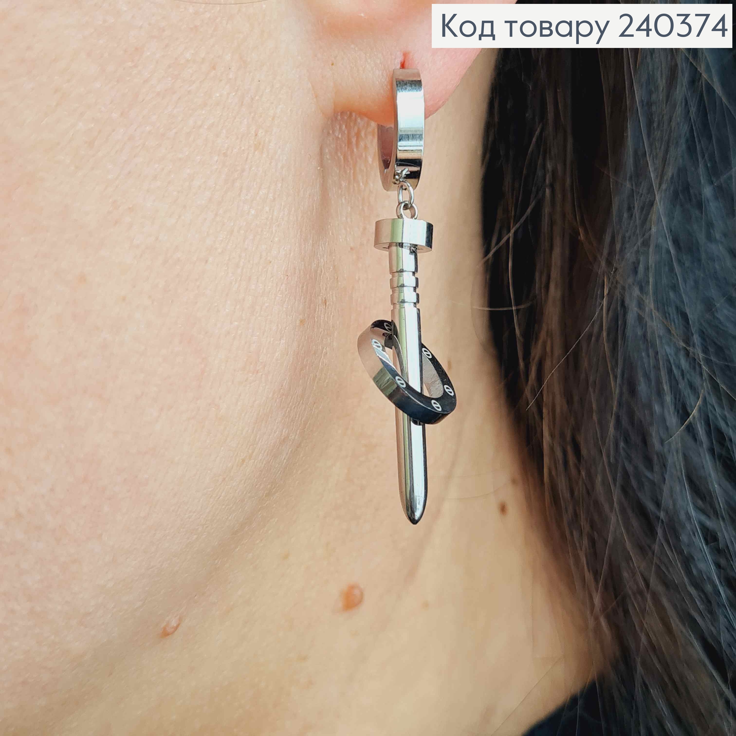 Серьги кольца 1см, серебряного цвета, стилизованные под Картье, 3,5см, сталь Stainless Steel 240374 фото 2