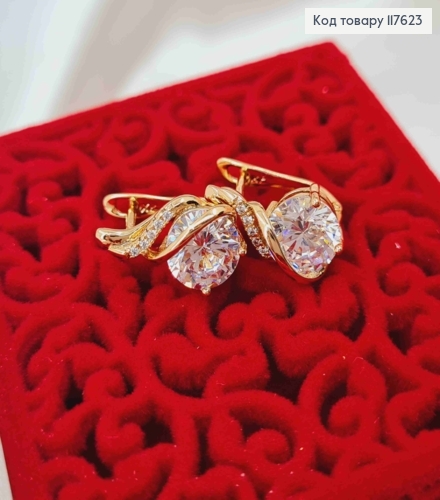 Серьги "Желание" с большим Блестящим и маленькими камешками, 1,6см, англ. застежка, Xuping 18К 117623 фото 2