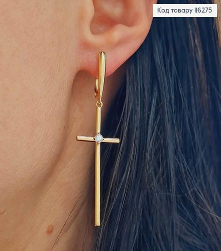 Сережки з підвісками Хрестиками з круглим камінчиком, 4*1,5см, англ. застібка, Xuping 18К 116275 фото 3