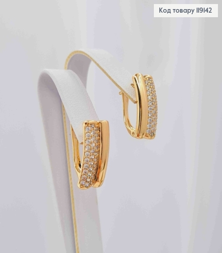 Сережки Прямокутні з Блискучими камінцями в три ряди, 1,6см, англійська застібка, Xuping 18К 119142 фото 3