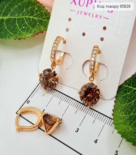 Серьги кольца 1см, С подвеской, большим коричневым камнем 9мм, Xuping 18K 115828 фото 1