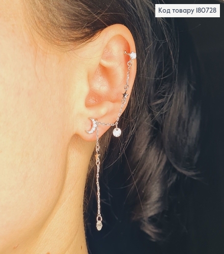 Сережки родированые гвоздики-кафы с Месяцем, 5см, Xuping 180728 фото 1