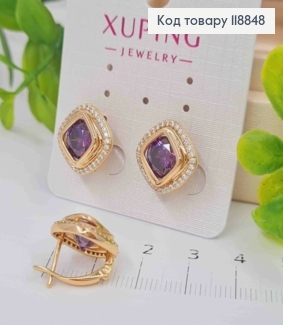 Серьги "Глаза Сфинкса" с Фиолетовым камнем в оправе из камешков, 1,4см, англ. застежка, Xuping 18К 118848 фото