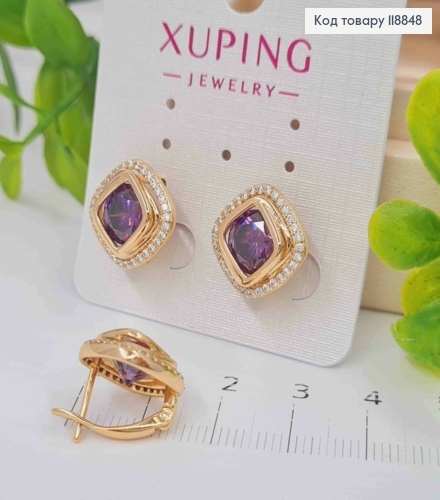 Серьги "Глаза Сфинкса" с Фиолетовым камнем в оправе из камешков, 1,4см, англ. застежка, Xuping 18К 118848 фото 1