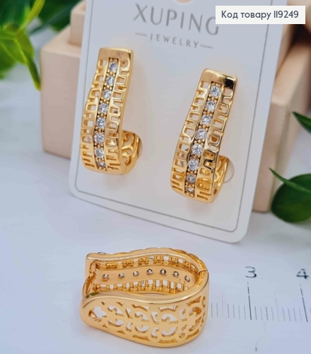 Серьги Ажурные Овальные украшены Блестящими камешками, длина 2,2см, итал. застежка, Xuping 18K 119249 фото 2