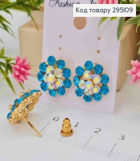 Серьги гвоздики, "Роскошные Цветы", с ГОЛУБЫМИ камешками 295109 фото