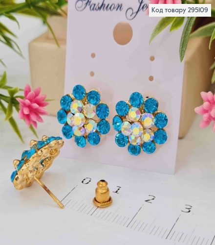 Серьги гвоздики, "Роскошные Цветы", с ГОЛУБЫМИ камешками 295109 фото 1