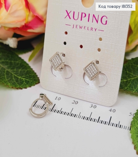 Сережки родовані, кільця 1см, з квадратною пластинкою в камінцях, англ.заст. Xuping  181352 фото 1