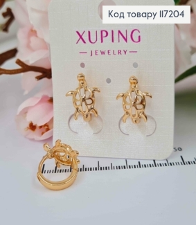 Сережки  кільця (1,3см) ЧЕРПАШКА (1,4*1,1см) з різбленням,   Xuping 18K 117204 фото