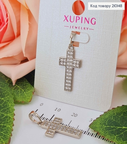 Крестик родованный с двумя рядами камней, 2*1,3см, Xuping  210148 фото 1