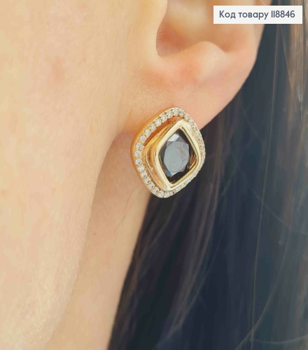 Серьги "Глаза Сфинкса" с Черным камнем в оправе из камешков, 1,4см, англ. застежка, Xuping 18К 118846 фото 3