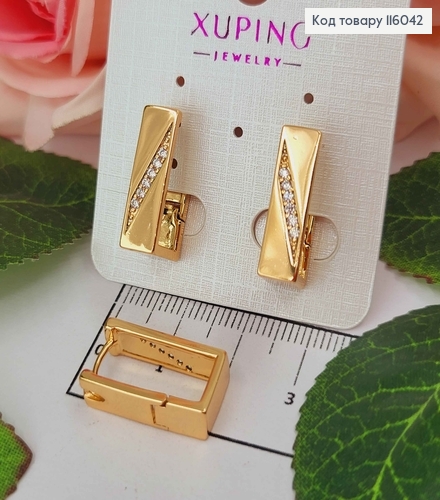 Серьги, прямоугольнички с косой линией камешков, 1,8см, англ. застежка, Xuping 18K 116042 фото 1