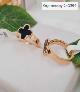 Кольцо золотого цвета, четырехлистник с черной эмалью, "Van Cleef", сталь Stainless Steel 240399 фото