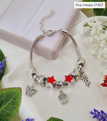Браслет под Пандору серебряного цвета с красными звездочками 15,5см+4см. 274123 фото 1