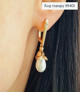 Серьги с подвесной Жемчужиной в Цветке, 1,7+1,8 см, английская застежка, Xuping 18К 119401 фото