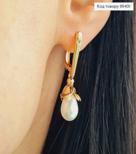 Серьги с подвесной Жемчужиной в Цветке, 1,7+1,8 см, английская застежка, Xuping 18К 119401 фото 1