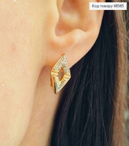 Сережки "Ромби" прикрашені блискучим камінням, 1,7см, англійська застібка, Xuping 18К 118585 фото 2