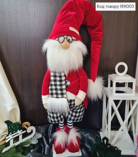 Гном в очках, Бордовый, в штанишках в клетку, высота 1,1м, ручная работа, Украина. 199003 фото 1
