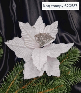 "Рождественник", Цветок Пуансетия БЕЛАЯ + серебро(бархат), диаметр 16-17см на металл. основе дл.10см 620587 фото