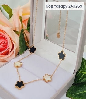 Цепочка 40+3.5 см Van Cleef, 5 подвесок, чёрная и перламутровая эмаль, цвет золотой, Stainless Steel 240269 фото