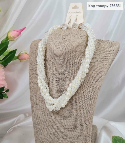 Набор, Ожерелье 40см и серьги, со стеклярусом и бусинками, Белого цвета 236351 фото 1