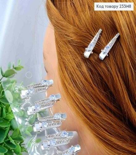 Набор заколка стрела (2шт), с овальным камнем и камешками в один ряд, 3см, серебряного цвета. 233148 фото 1