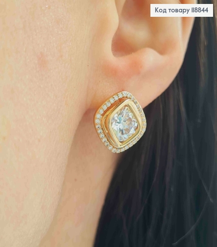 Сережки "Очі Сфінкса" з Блискучим каменем в оправі з камінців, 1,4см, англ. застібка, Xuping 18К 118844 фото 3