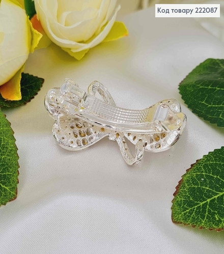 Заколка автомат металл 5,5*3см Бантик в камешках серебряного цвета 222087 фото 3