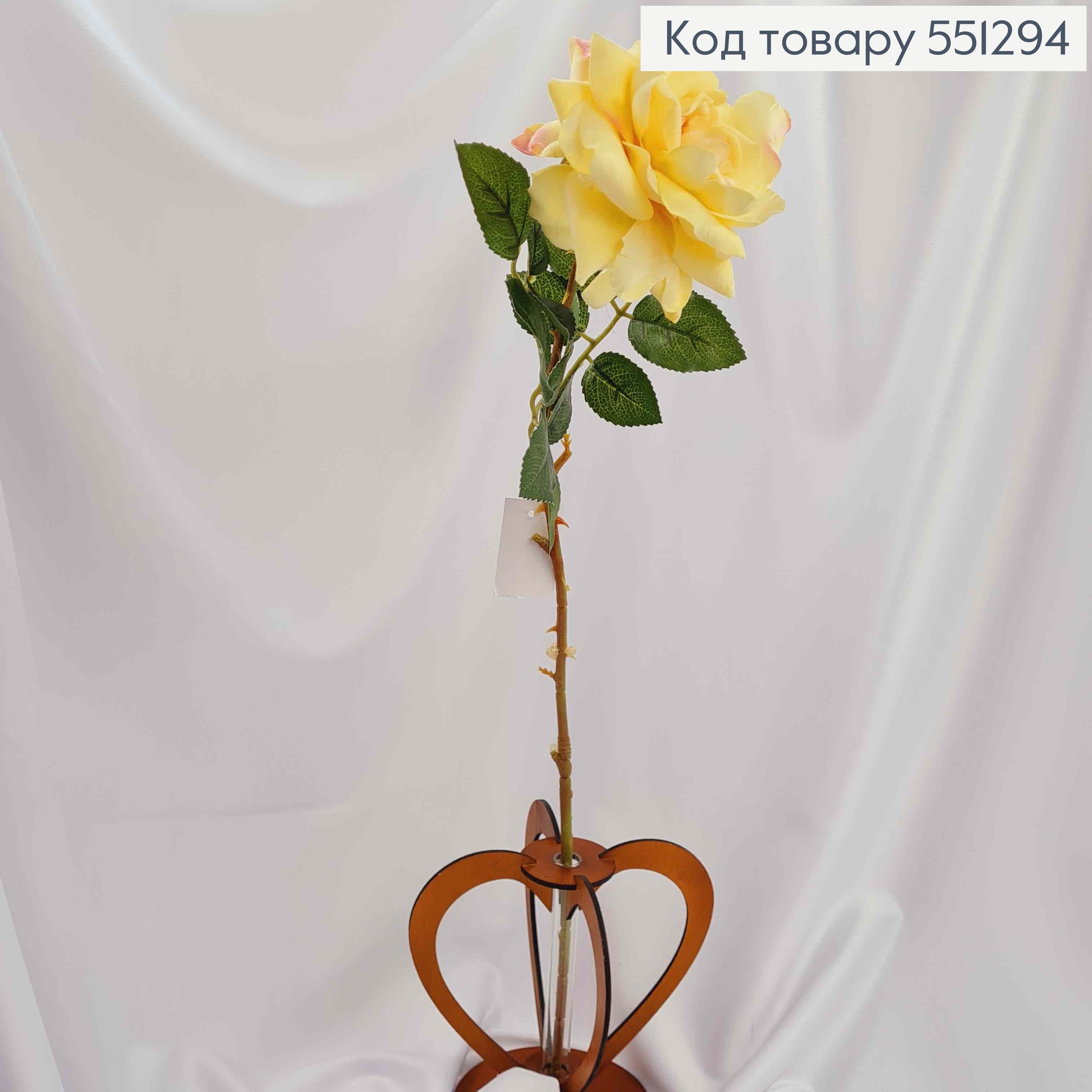 Искусственный цветок нежно ЖЕЛТАЯ роза 10см, бархатная, на металлическом стержне, высотой 62см 551294 фото 2