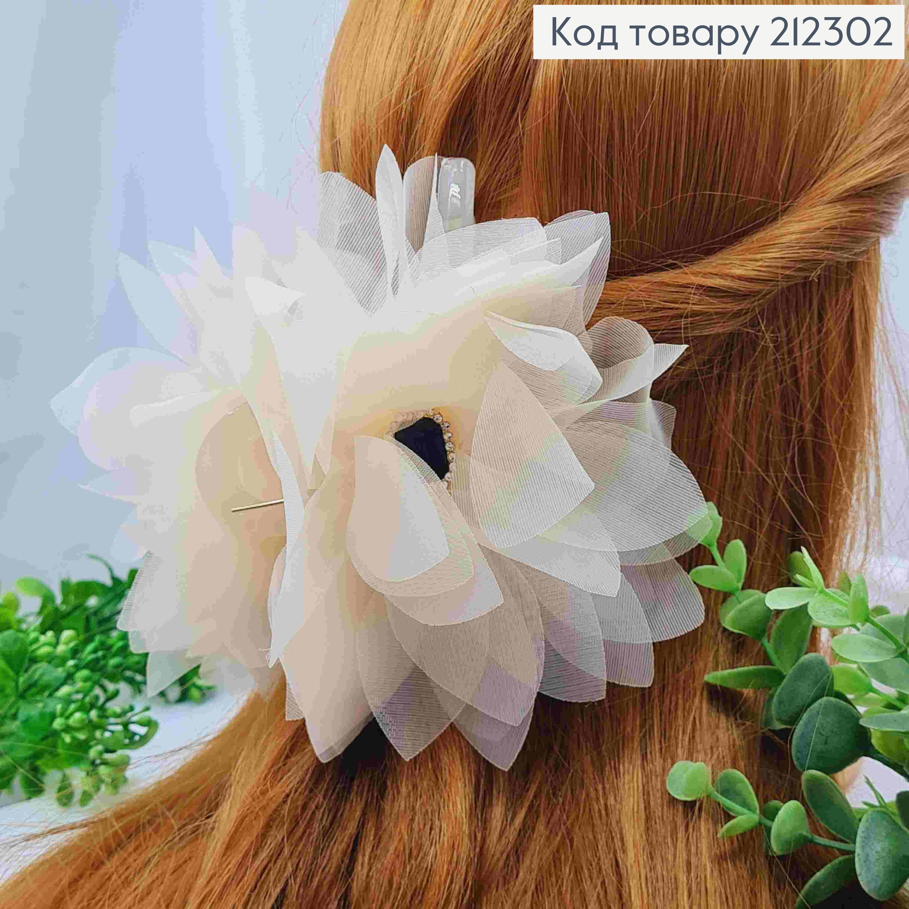 Краб пластик с "БАНТОМ" из органзы и черным камнем, 13 см, Кремового цвета. 212302 фото 1