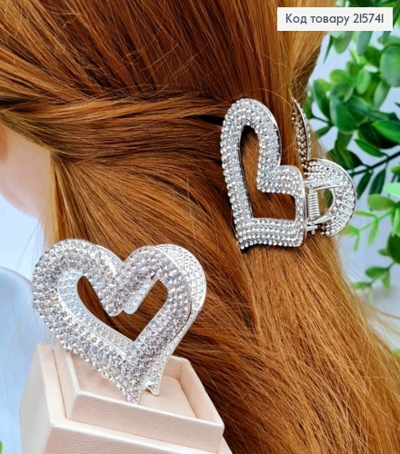 Краб металл "СЕРДЦЕ" с Блестящими камешками, 5см, Серебряного цвета 215741 фото 1