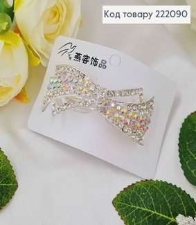 Заколка автомат металл 6,5*3см Бантик в камешках серебряного цвета 222090 фото