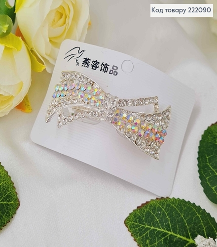 Заколка автомат металл 6,5*3см Бантик в камешках серебряного цвета 222090 фото 1