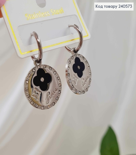 Серьги кольца, подвески "LV", с черной эмалькой, камешками, 1,5см, серебряного цвета, сталь Stainless Steel 260046 фото 2
