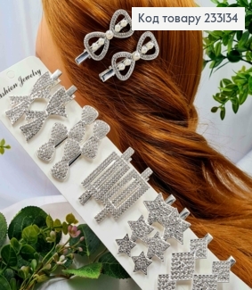 Заколка стрела в Ассортименте "Бантик-Звезда-Ромб" с блестящими камешками, 6,5см, Серебряного цвета 233134 фото