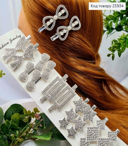 Заколка стрела в Ассортименте "Бантик-Звезда-Ромб" с блестящими камешками, 6,5см, Серебряного цвета 233134 фото 1