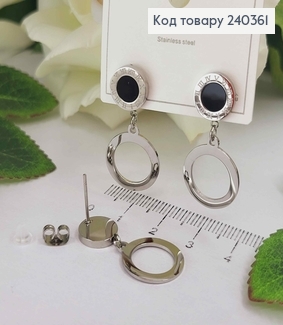 Серьги гвоздики с римскими часами и подвеской кольцом, серебряного цвета, 3см, сталь Stainlles steel 260015 фото