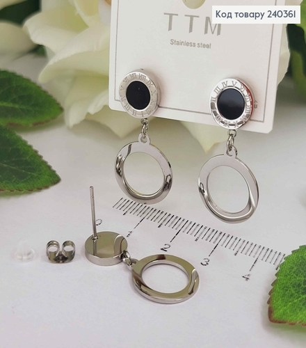 Серьги гвоздики с римскими часами и подвеской кольцом, серебряного цвета, 3см, сталь Stainlles steel 260015 фото 1