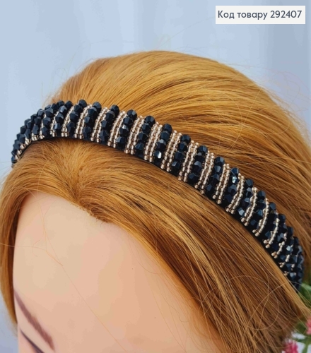 Обруч пластик, ЧОРНО-ПУДРОВОГО кольору,  плетений Стеклярусом та Бісером, ширина 1,5см 292407 фото 1