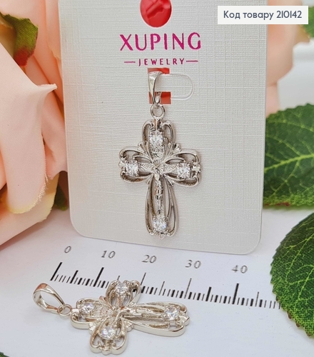 Крестик родованный, двойной, с распятием и камешками, 2,5*2см, Xuping  210142 фото 1