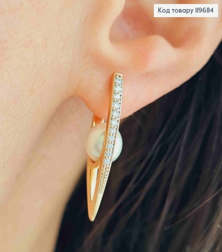 Серьги Стрелы с Блестящими камешками и Жемчужкой, длина 2,8см, английская застежка, Xuping 18К 119684 фото 1