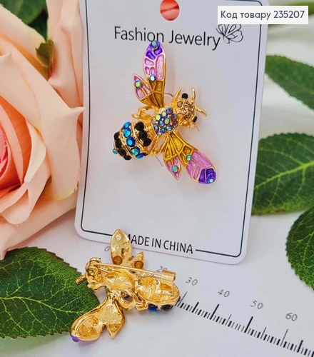 Брошь металл, "Пчелка" с цветными камнями фиолетовых оттенков, 4см 235207 фото 1