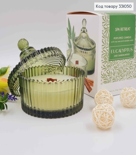 Парфумована СОЄВА свічка у склі (10*5см) з кришкою(7см),дерев"яний гніт,EUCALYPTUS&sandalwood,150г 331050 фото 1