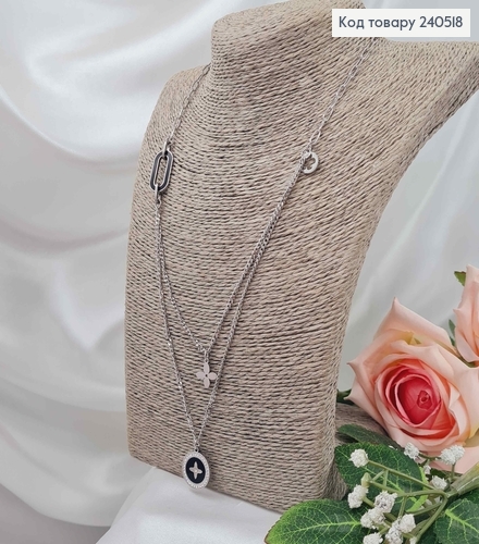 Цепочка двойная, серебряного цвета, с круглой подвеской Van Cleef, 40+5см, сталь Stainless Steel 240518 фото 1