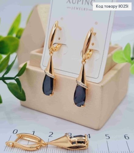 Сережки з рухливою підвіскою Чорний камінь Краплинка, 1,7+2,1см, англійська застібка, Xuping 18К 110251 фото 2