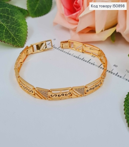 Браслет плетения пластинками, с черными узорами и камешками, 16,5+2см, Xuping 18К. 150898 фото 1