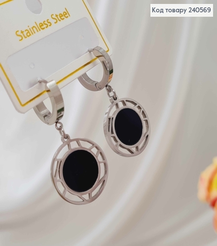 Серьги кольца с подвесками, с черной эмалью, ажурные, 1,5см, серебряного цвета, сталь Stainless Steel 260043 фото 2